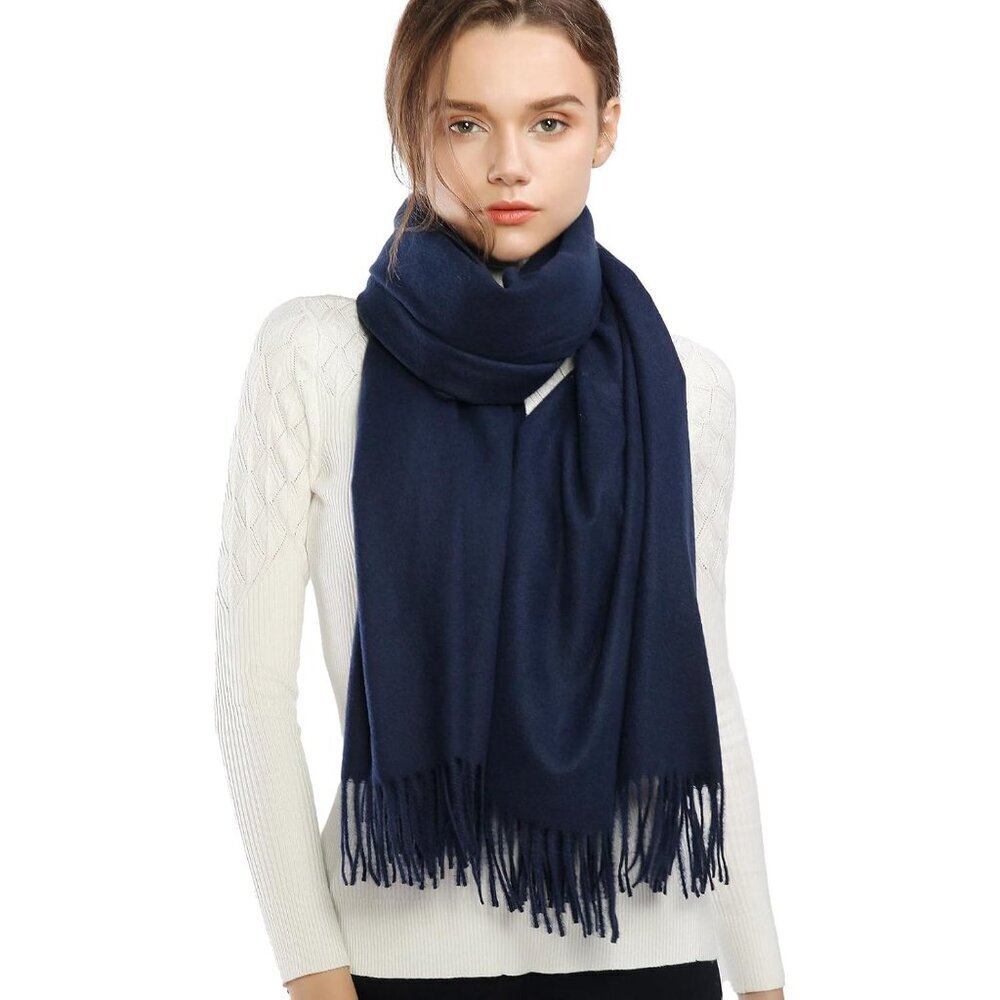 Winter Cashmere Wool Navy Scarf Pashmina Shawl Wrap Stole for Women Warm Large